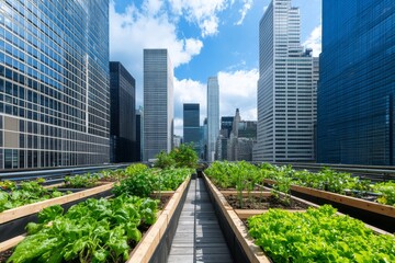 Fototapeta premium Amidst the towering city buildings, a vibrant rooftop garden filled with plants is cultivated by urban farmers.