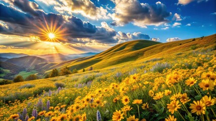 Obraz premium A golden sunset illuminates rolling hills blanketed in a vibrant sea of yellow wildflowers, creating a breathtaking landscape of natural beauty.