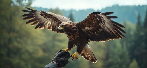 Obraz premium A falconer holds a hawk with outstretched wings in a natural setting.