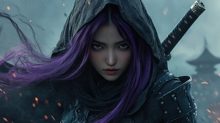 A beautiful Asian assassin with purple hair flowing around her face, standing on a snowy mountain background wallpaper AI generated image