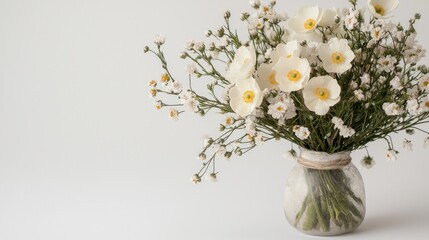 Elegant white flowers in a glass vase on white background.