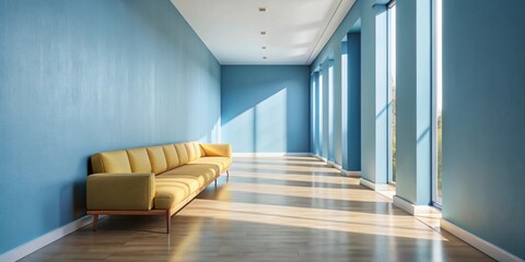Fototapeta premium A long yellow couch sits against a blue wall in a modern, airy room with large windows that allow sunlight to stream in, casting long shadows on the wood floor