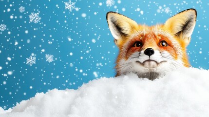 Obraz premium Cheerful Fox Peeking Through Snowy Landscape Under Blue Winter Sky with Falling Snowflakes