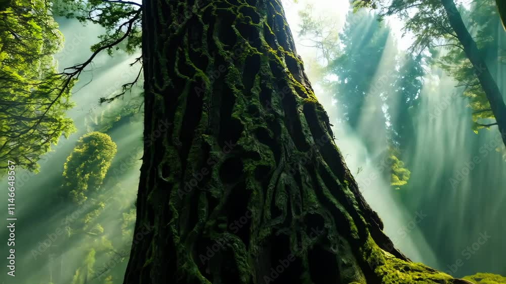 Poster majestic forest with sunlight streaming through tall trees in a peaceful natural setting