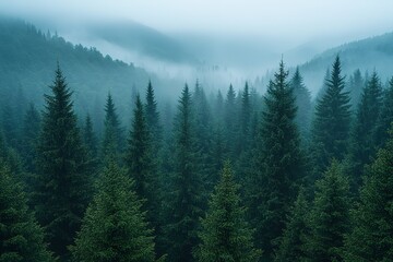 Obraz premium A forest with trees covered in fog