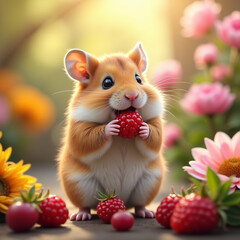 Hamster with a berry among flowers