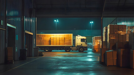 Nighttime warehouse scene with a delivery truck parked near stacked cardboard boxes illuminated by overhead lighting in an industrial setting