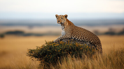 Obraz premium Leopard perched on rock in savanna grassland.