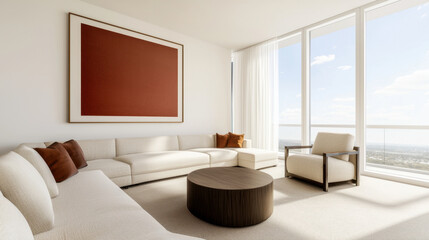 Fototapeta premium Expansive luxury penthouse living room with floor to ceiling windows, modern furniture, and stunning view. serene atmosphere invites relaxation and comfort