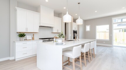 Fototapeta premium Modern white kitchen with island, pendant lights, and hardwood floors.