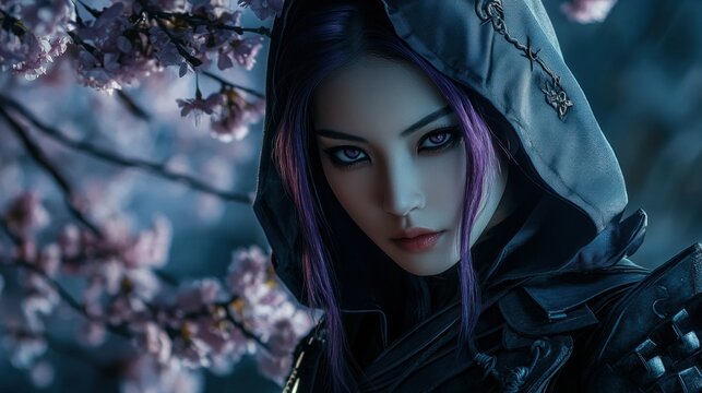 An Asian female assassin with purple hair under her hood, standing against a backdrop of cherry blossoms background wallpaper AI generated image