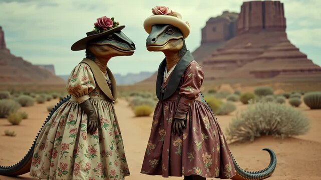 Enchanting Dinosaur Figurines in Elegant Victorian Dresses, Perfect for Collectors and Home Decor