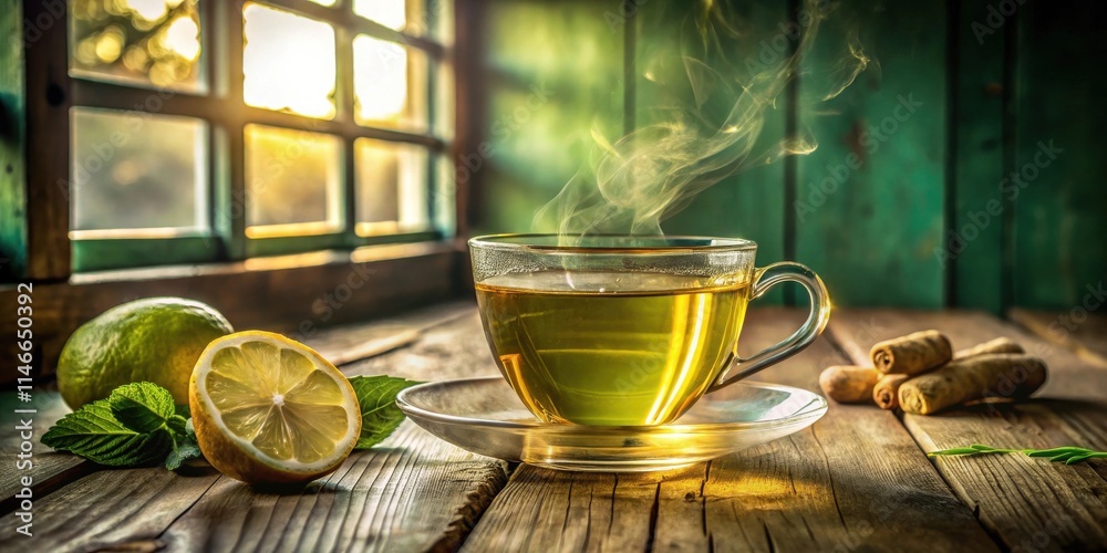 Poster A steaming cup of tea on a wooden table with a window behind it and a lemon slice, lime and mint in the foreground