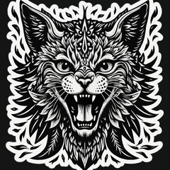 Fototapeta premium Stylized vector illustration of a roaring cat head with decorative patterns.Strength. Elegance. Artistic expression.Tattoo design, decorative animal art, abstract wildlife illustration, banner for cre