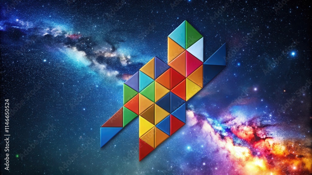Poster A vibrant, multi-colored, geometric abstract design featuring an array of triangles against a cosmic backdrop of swirling nebulas and sparkling stars.
