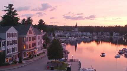 Fototapeta premium Serene Harbor Town Sunset Landscape with Waterfront Homes