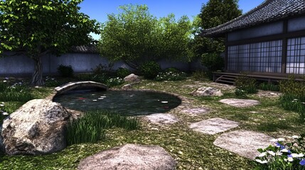 Fototapeta premium Serene Japanese Garden with Koi Pond and Stone Bridge
