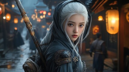 Obraz premium An Asian warrior woman with white hair under her hood, illuminated by the soft light of an ancient village lantern background wallpaper AI generated image