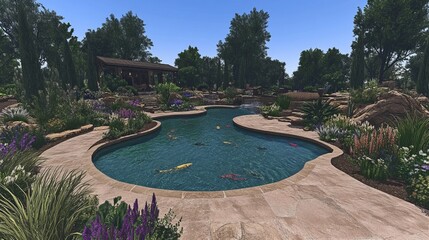 Serene Koi Pond and Landscaping Design in Backyard Oasis