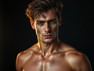 Obraz premium A handsome, shirtless, muscular man with defined abs and a strong chest, showcasing his fit physique