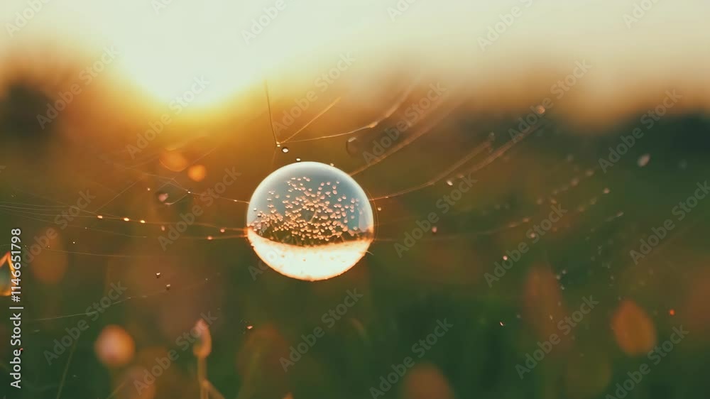 Poster captivating sunrise reflection captured in a water droplet on a spider web in a serene meadow