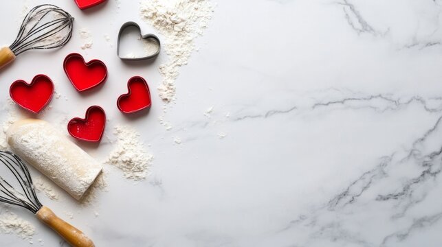Baking Essentials on Marble Counter: Heart-Shaped Cookie Cutters, Dough, and Whisks for a Delightful Kitchen Experience