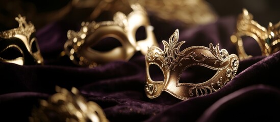 "Elegant Golden Masquerade Masks on Luxurious Velvet Fabric Capturing the Mystique and Glamour of Venetian Themed Parties and Events