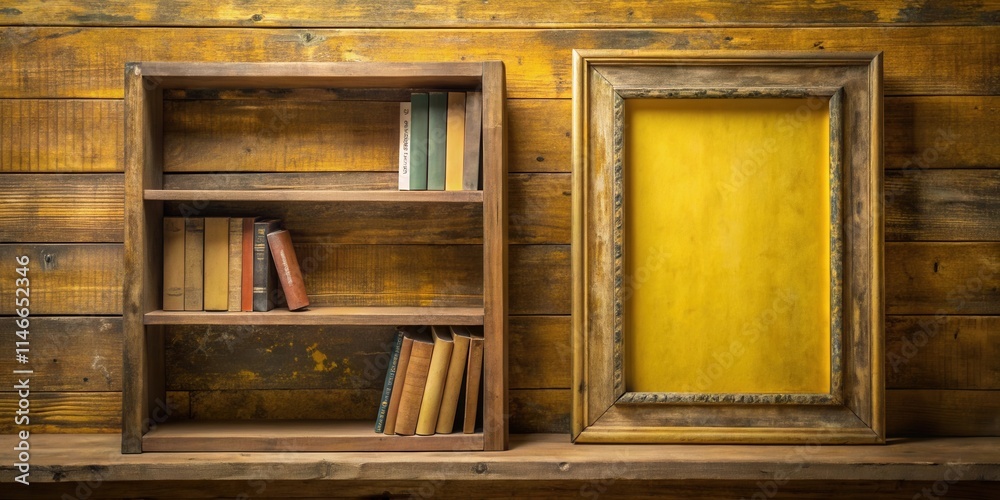 Poster A rustic wooden bookshelf and a frame mounted on a wood plank wall. The shelf is filled with various books, and the frame has a blank, yellow canvas inside.