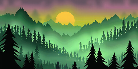 Fototapeta premium Stylized Illustration of Mountain Range at Sunset with Evergreen Forest