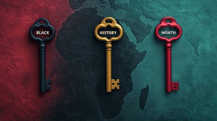 Black History Month Concept: Symbolic Keys on Textured World Map Background