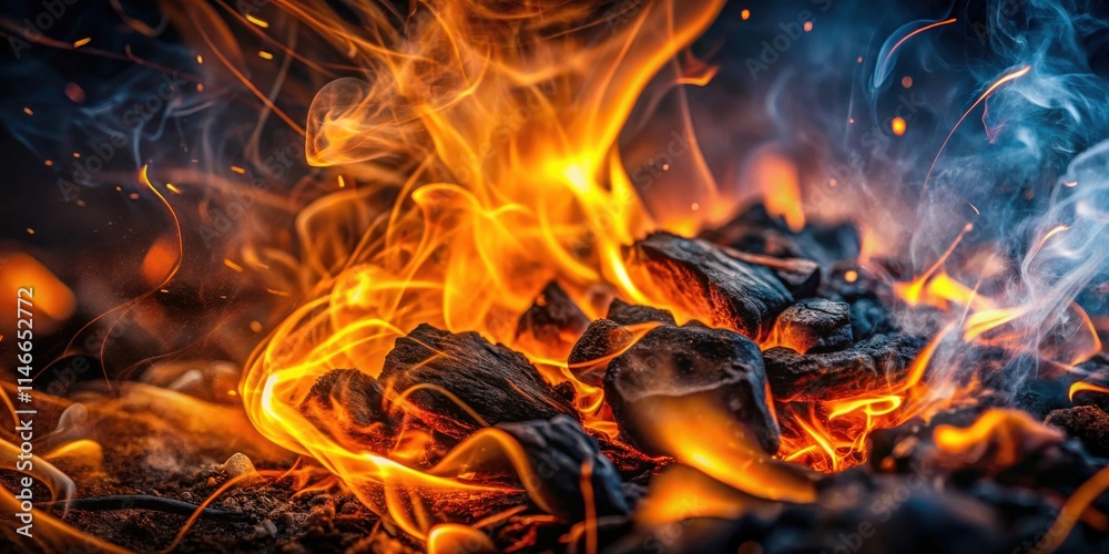 Poster a closeup of fiery flames engulfing glowing coals, producing a mesmerizing display of heat and light