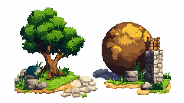 Pixelated tree and globe, with stone structures, isolated on white for game asset.