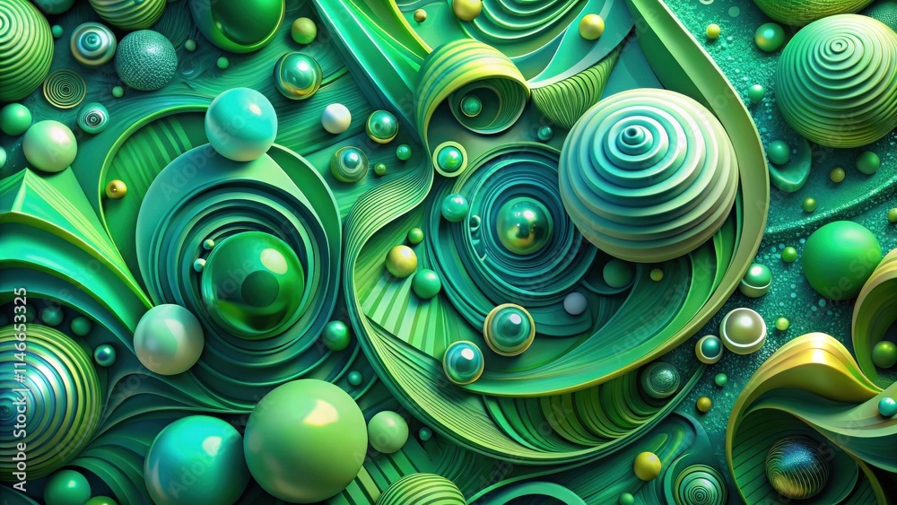 Aufkleber a symphony of swirling green forms, with spheres and spirals interweaving to create a visually capti