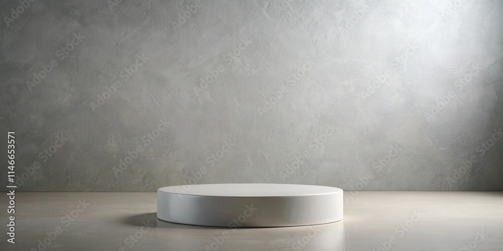 Poster A minimalist display featuring a white platform against a textured concrete wall background