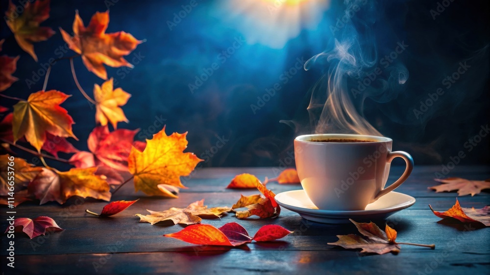 Poster a steaming cup of coffee rests on a wooden table surrounded by colorful autumn leaves, creating a co