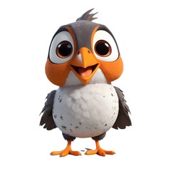 A 3D render of a cartoon bird with large, brown eyes 