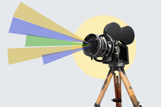 Big retro film camera. Vintage cinema poster. Contemporary flat design art collage