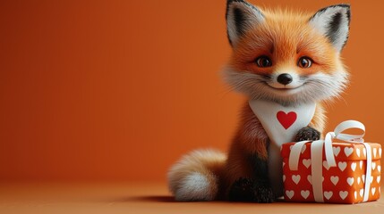Obraz premium Adorable orange fox wearing a white T-shirt with a red heart, sitting next to an orange gift box with heart patterns, set against a warm peach orange background.