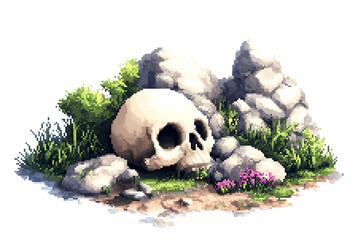 Skull on rocks among grass and flowers, isolated for games or design elements. Background more rocks, plants.