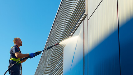A worker is using a pressure washer to clean the facade of a modern commercial building