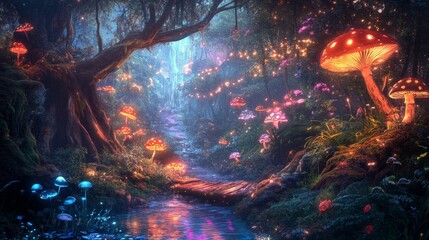 Enchanted forest path, glowing fungi, stream.