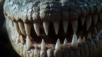 Obraz premium Close-up of a crocodile's mouth showcasing sharp teeth and textured skin.