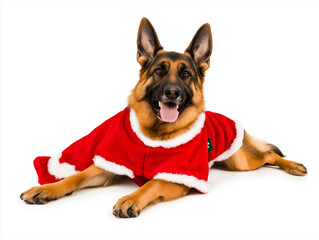 Obraz premium Full body shot of German Shepherd dog, lying down, smiling. Wearing Christmas costume.