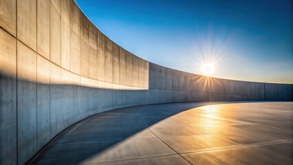 Fototapeta premium A Curved Concrete Wall Encloses a Vast, Empty Space Bathed in the Golden Light of the Setting Sun