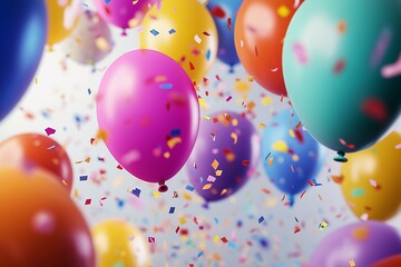 Vibrant birthday scene with colorful balloons and confetti floating in the air, creating a festive and joyful atmosphere. 