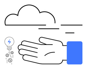 Hand reaching out to cloud with energy light bulb and falling dollar symbols. Ideal for technology, cloud computing, innovation, sustainability, business growth, digital transformation, future of