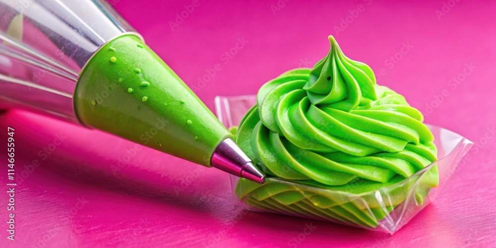 Poster a close-up view of a green frosting swirl being piped from a piping bag onto a pink surface