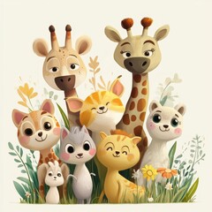 Naklejka premium Adorable Cartoon Animals Posing Together In A Garden