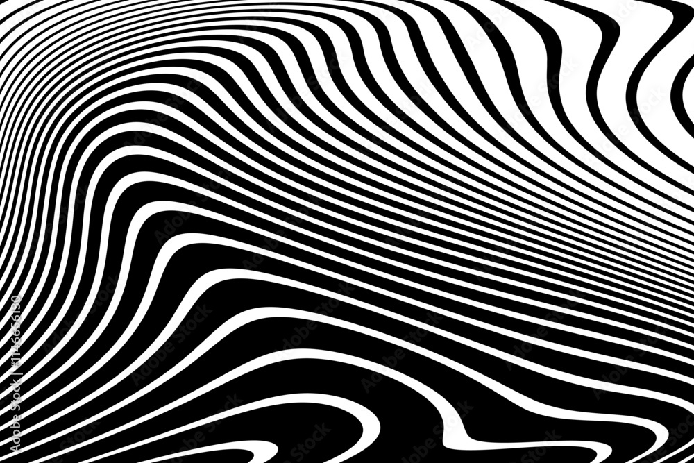 Wall mural wavy lines op art pattern with 3d illusion effect. black and white texture. abstract halftone backgr