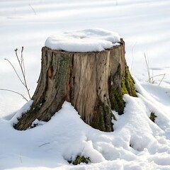 A chopped tree trunk on a snowy ground, highlighting the exposed wood grain, with a crisp, snow-covered backdrop.
